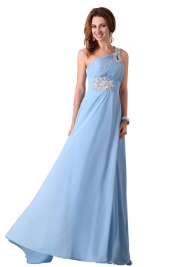 A-Line One-Shoulder Beaded Long Blue Chiffon Prom Evening Formal Dresses ED011660