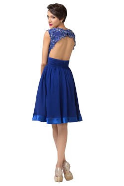 A-Line Bateau Beaded Applique Short Blue Prom Evening Formal Dresses ED011661