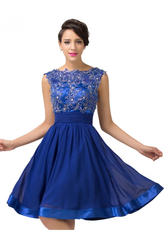 A-Line Bateau Beaded Applique Short Blue Prom Evening Formal Dresses ED011661
