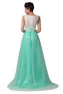 A-Line Bateau Mint Green Lace Long Prom Evening Formal Dresses ED011668