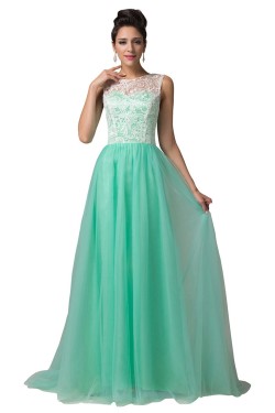 A-Line Bateau Mint Green Lace Long Prom Evening Formal Dresses ED011668
