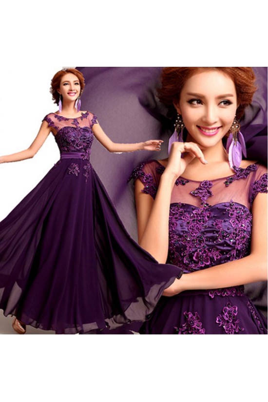 A-Line Beaded Applique Long Chiffon Prom Evening Formal Dresses ED011670