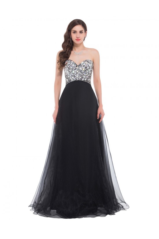A-Line Sweetheart Beaded Long Black Prom Evening Formal Dresses ED011672