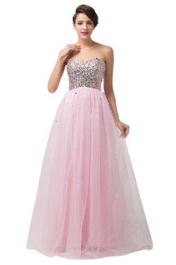 A-Line Sweetheart Beaded Long Pink Tulle Prom Evening Formal Dresses ED011676