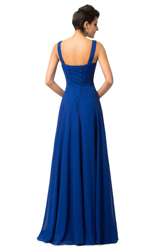 A-Line V-Neck Beaded Long Blue Chiffon Prom Evening Formal Dresses ED011682