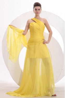 One-Shoulder Long Yellow Chiffon Prom Evening Formal Party Dresses ED010172