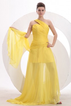 One-Shoulder Long Yellow Chiffon Prom Evening Formal Party Dresses ED010172