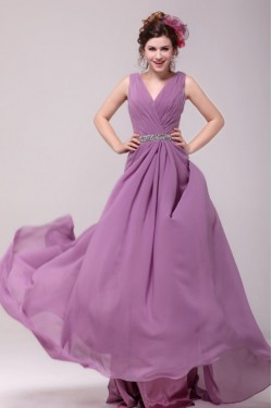 A-Line V-Neck Beaded Long Chiffon Prom Evening Formal Party Dresses ED010185