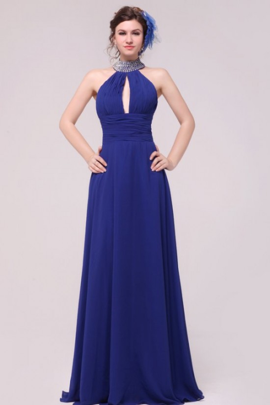 High Neck Halter Beaded Long Blue Chiffon Prom Evening Formal Party Dresses ED010187