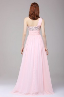 Long Pink One-Shoulder Beaded Chiffon Prom Evening Formal Party Dresses ED010189
