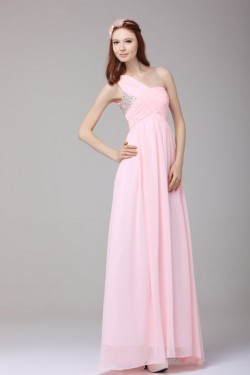 Long Pink One-Shoulder Beaded Chiffon Prom Evening Formal Party Dresses ED010189