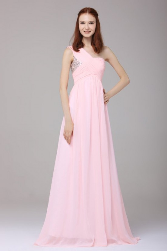 Long Pink One-Shoulder Beaded Chiffon Prom Evening Formal Party Dresses ED010189 Long Pink One-Shoulder Beaded Chiffon Prom Evening Formal Party Dresses ED010189