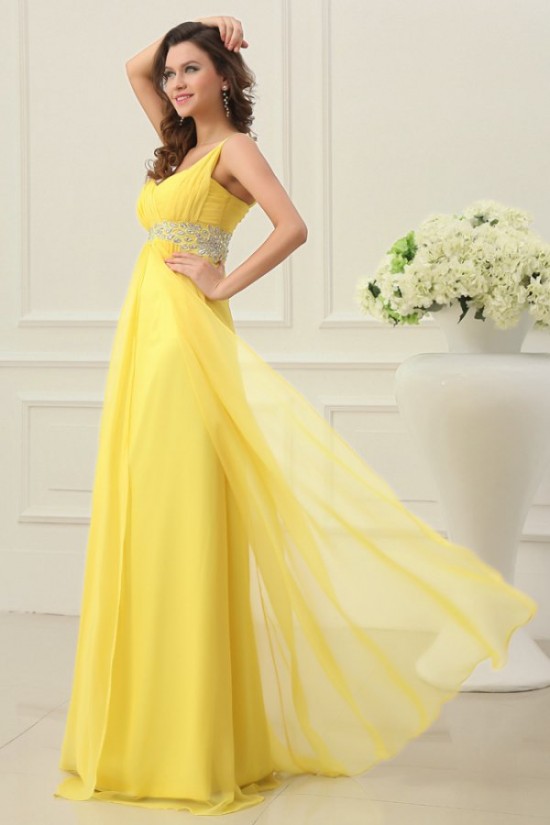 A-Line One-Shoulder Beaded Long Yellow Chiffon Prom Evening Formal Party Dresses/Maternity Evening Dresses ED010199