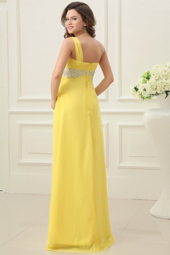 A-Line One-Shoulder Beaded Long Yellow Chiffon Prom Evening Formal Party Dresses/Maternity Evening Dresses ED010199