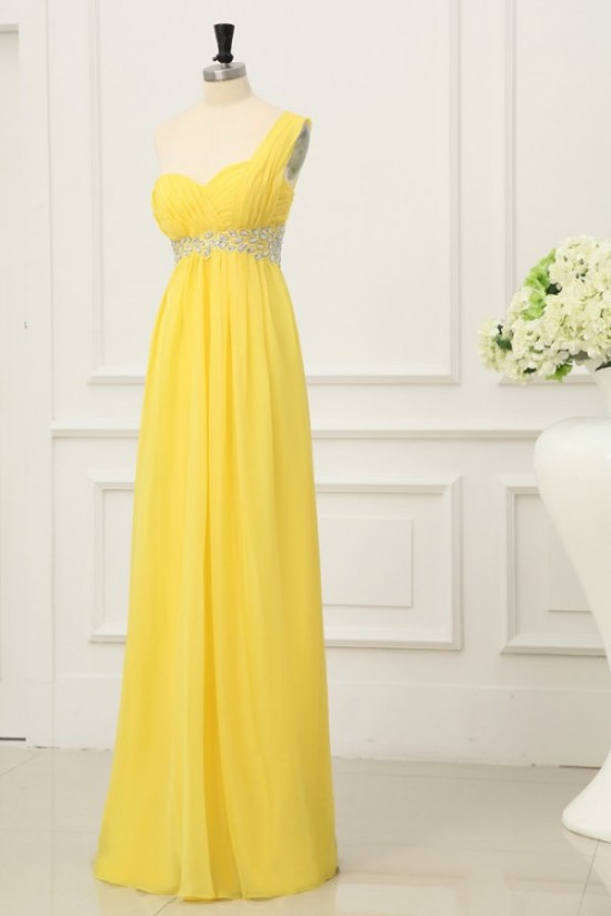 A-Line One-Shoulder Beaded Long Yellow Chiffon Prom Evening Formal Party Dresses/Maternity Evening Dresses ED010199