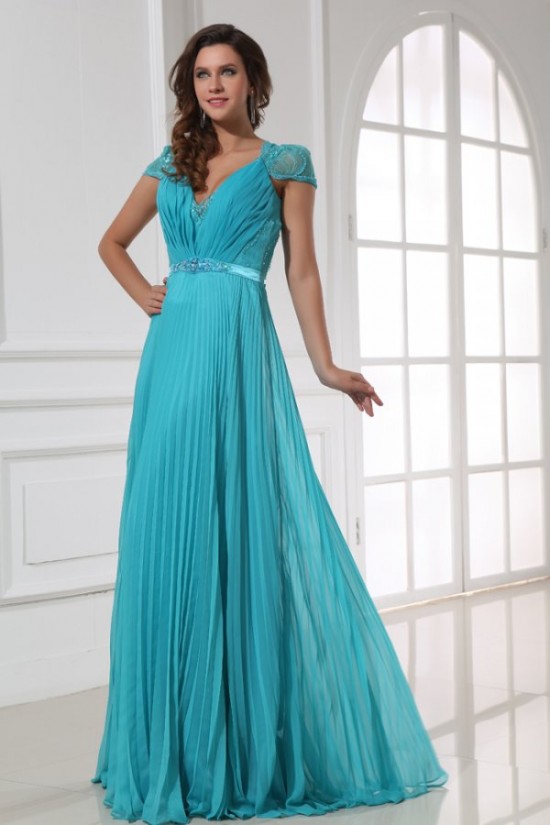 A-Line Cap Sleeve Pleated Long Blue Chiffon and Lace Prom Evening Formal Party Dresses ED010204