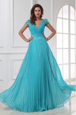 A-Line Cap Sleeve Pleated Long Blue Chiffon and Lace Prom Evening Formal Party Dresses ED010204