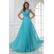 A-Line Cap Sleeve Pleated Long Blue Chiffon and Lace Prom Evening Formal Party Dresses ED010204