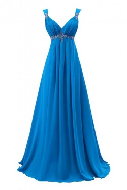 A-Line Beaded Long Blue Chiffon Prom Evening Formal Party Dresses ED010219