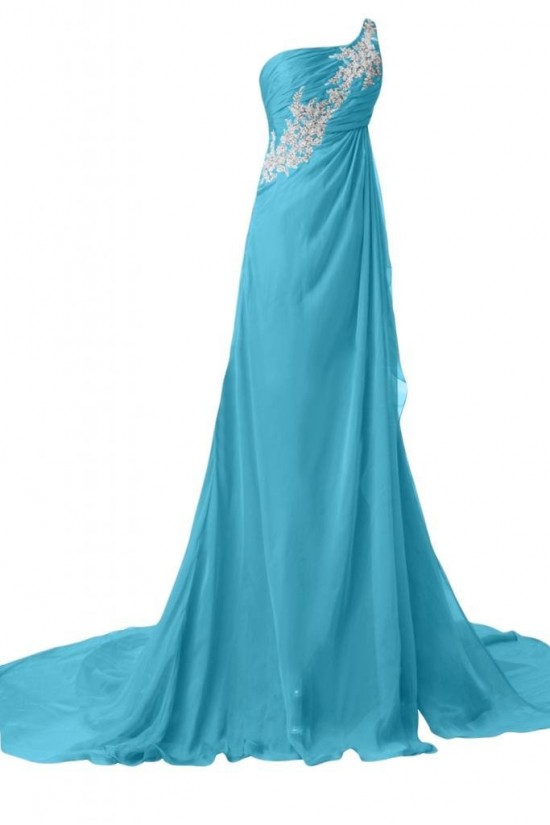 A-Line One-Shoulder Long Blue Chiffon Prom Evening Formal Party Dresses ED010226