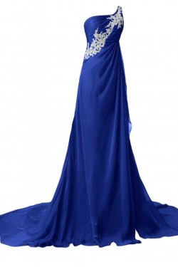 A-Line One-Shoulder Long Blue Chiffon Prom Evening Formal Party Dresses ED010226