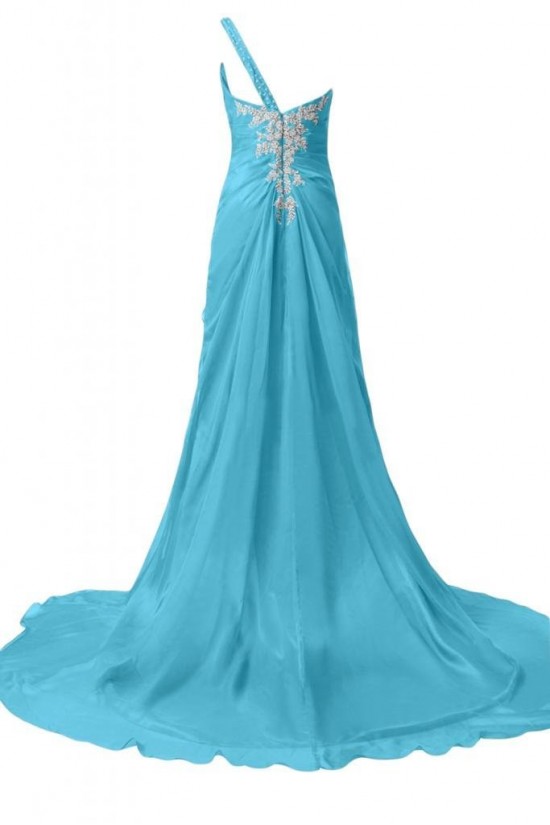 A-Line One-Shoulder Long Blue Chiffon Prom Evening Formal Party Dresses ED010226