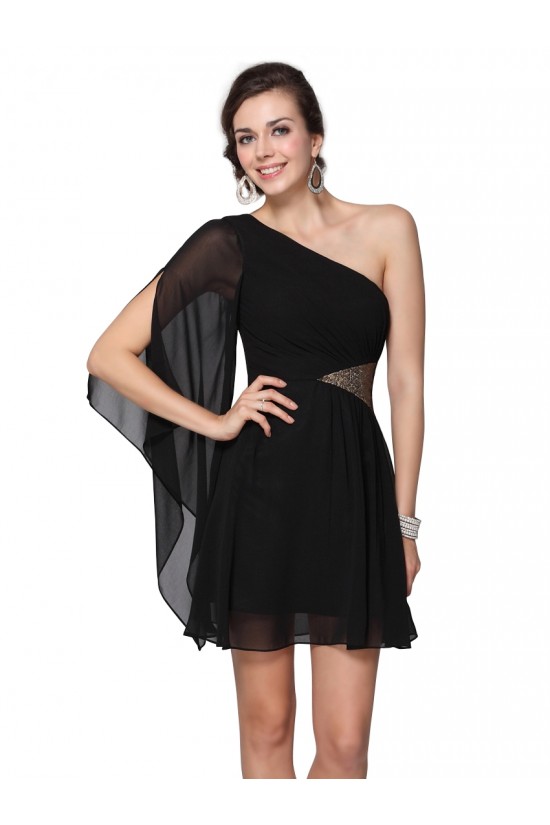 A-Line One-Shoulder Short Black Prom Evening Formal Party Dresses ED010230