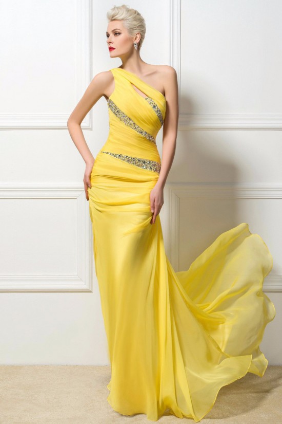 Trumpet/Mermaid One-Shoulder Beaded Long Yellow Chiffon Prom Evening Formal Party Dresses ED010259 Trumpet/Mermaid One-Shoulder Beaded Long Yellow Chiffon Prom Evening Formal Party Dresses ED010259