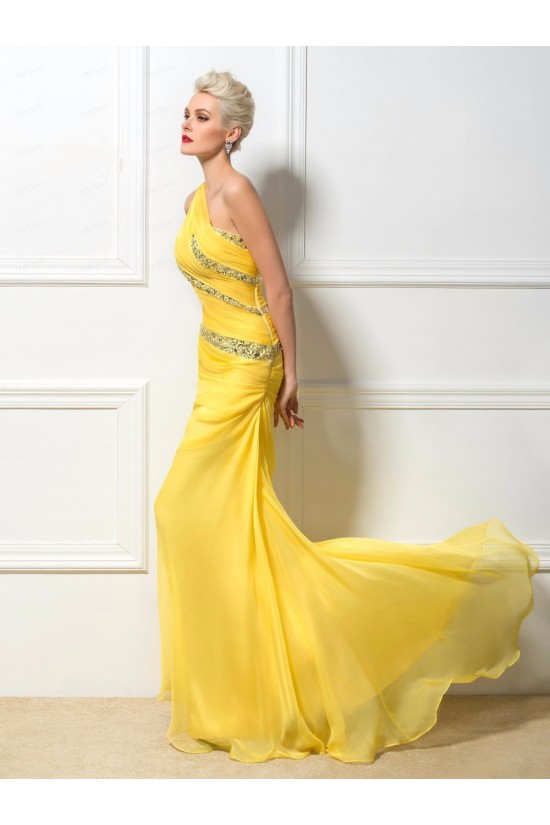 Trumpet/Mermaid One-Shoulder Beaded Long Yellow Chiffon Prom Evening Formal Party Dresses ED010259 Trumpet/Mermaid One-Shoulder Beaded Long Yellow Chiffon Prom Evening Formal Party Dresses ED010259