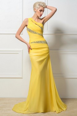 Trumpet/Mermaid One-Shoulder Beaded Long Yellow Chiffon Prom Evening Formal Party Dresses ED010259
