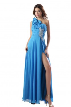 Long Blue One-Shoulder Beaded Chiffon Prom Evening Formal Party Dresses ED010284