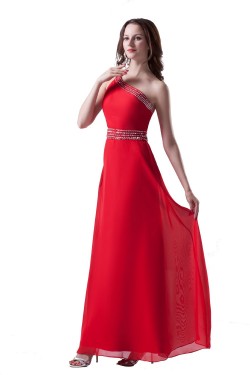 A-Line One-Shoulder Long Red Beaded Chiffon Prom Evening Formal Party Dresses ED010310