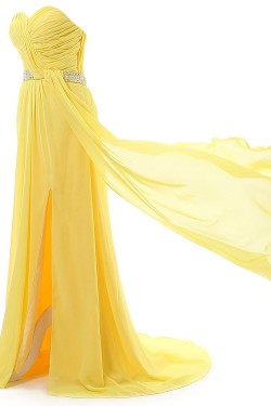 A-Line Sweetheart Beaded Long Yellow Chiffon Prom Evening Formal Party Dresses ED010335