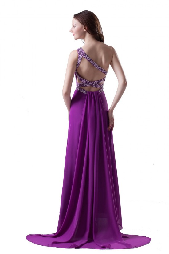 Long Purple One-Shoulder Beaded Chiffon Prom Evening Formal Party Dresses ED010363