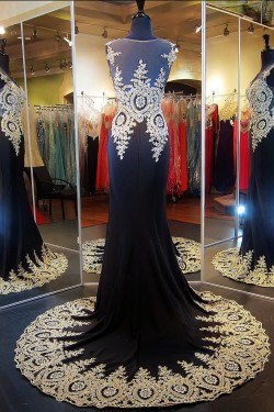 Amazing Beading Appliques Mermaid Tulle Neck Long Evening Dress ED010369