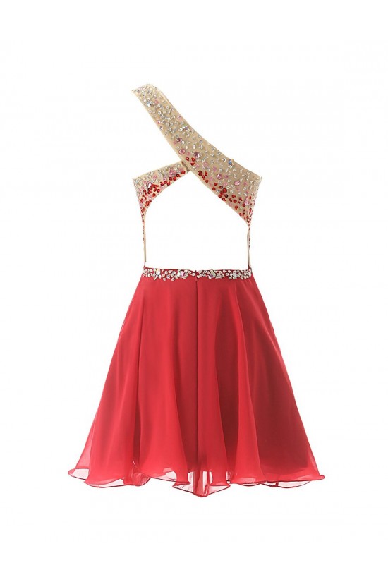 A-Line One-Shoulder Beaded Short Chiffon Prom Evening Formal Party Dresses ED010370