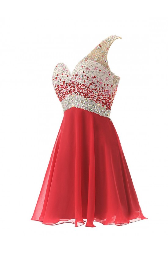 A-Line One-Shoulder Beaded Short Chiffon Prom Evening Formal Party Dresses ED010370