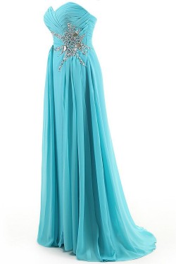 A-Line Sweetheart Long Blue Beaded Chiffon Prom Evening Formal Party Dresses ED010376