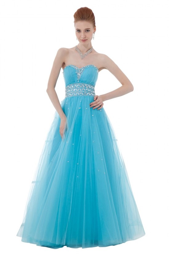 A-Line Sweetheart Beaded Long Blue Tulle Prom Evening Formal Party Dresses ED010415