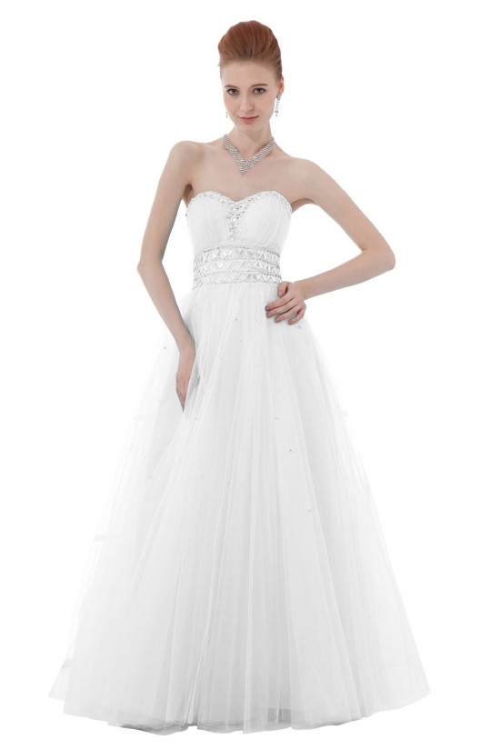 A-Line Sweetheart Beaded Long White Tulle Prom Evening Formal Party Dresses ED010418