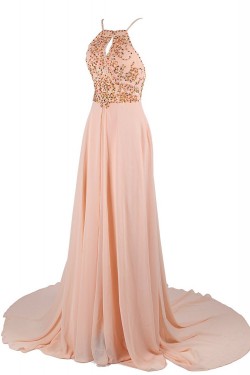 A-Line Beaded Long Pink Chiffon Prom Evening Formal Party Dresses ED010419