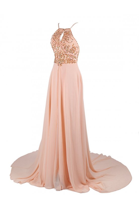A-Line Beaded Long Pink Chiffon Prom Evening Formal Party Dresses ED010419