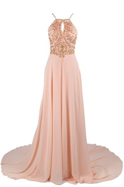 A-Line Beaded Long Pink Chiffon Prom Evening Formal Party Dresses ED010419
