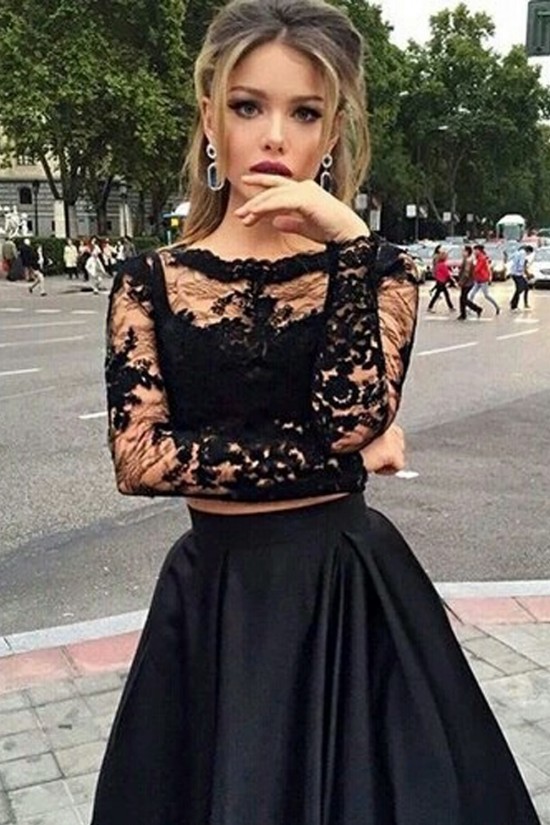 A-Line Two Pieces Long Sleeves Lace Black Prom Evening Formal Party Dresses ED010427 A-Line Two Pieces Long Sleeves Lace Black Prom Evening Formal Party Dresses ED010427