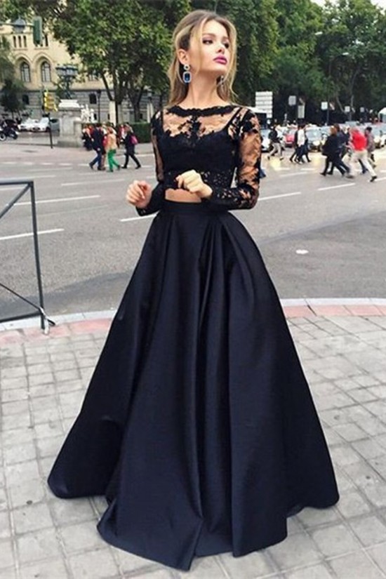 A-Line Two Pieces Long Sleeves Lace Black Prom Evening Formal Party Dresses ED010427 A-Line Two Pieces Long Sleeves Lace Black Prom Evening Formal Party Dresses ED010427