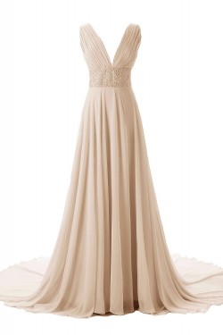 A-Line V-Neck Beaded Long Chiffon Prom Evening Formal Party Dresses ED010435