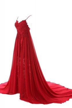 A-Line Spaghetti Strap Long Red Chiffon and Lace Prom Evening Formal Party Dresses ED010436