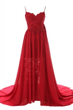 A-Line Spaghetti Strap Long Red Chiffon and Lace Prom Evening Formal Party Dresses ED010436