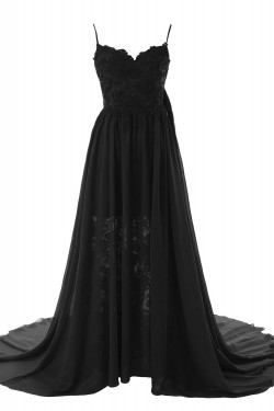 A-Line Spaghetti Strap Long Blue Chiffon and Lace Prom Evening Formal Party Dresses ED010438