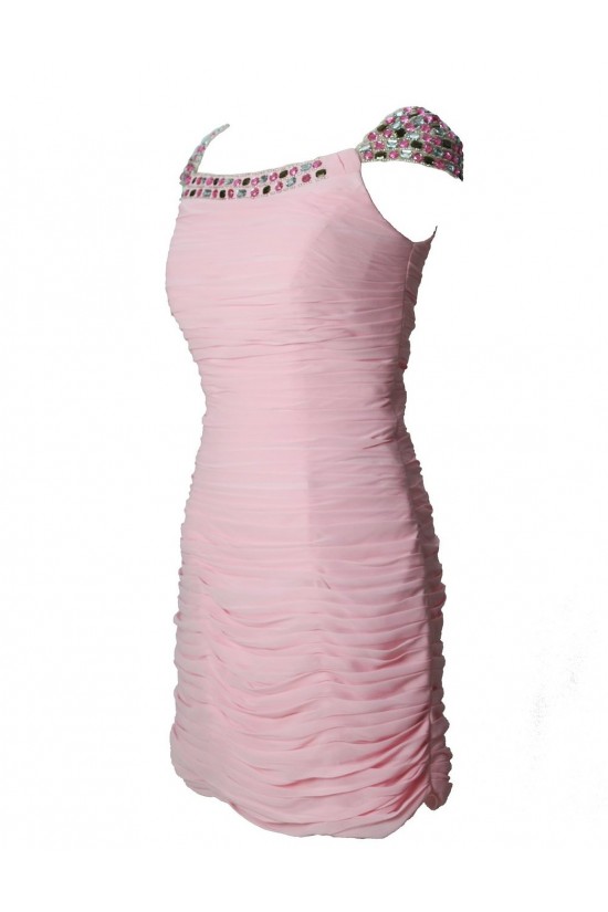 Cap Sleeve Beaded Pleated Short Pink Chiffon Prom Evening Formal Party Dresses ED010448